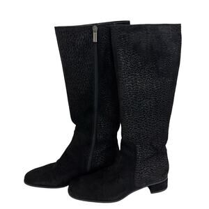 Aquatalia Weatherproof Tall Boots Black Suede Animal Print Block Heel Size 8.5